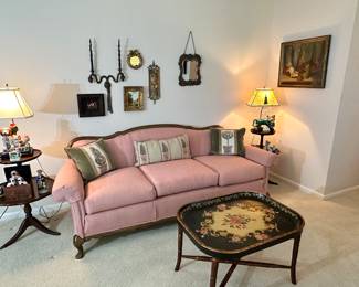 Antique French Louis XV Style Canape' Sofa, Featuring Dark Carved Wood and Pink Upholstery