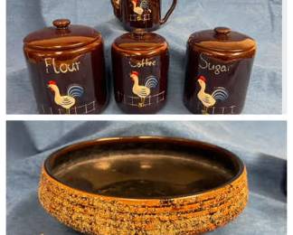 Brown Rooster Sugar, Flour, Coffee And Pot And Pedestal Bowl