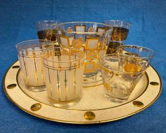 Mid Century Bar Assorted Glassware And Tray