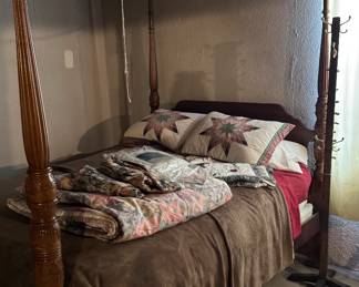 Queen size four poster bed, bedding, mattress and box spring 