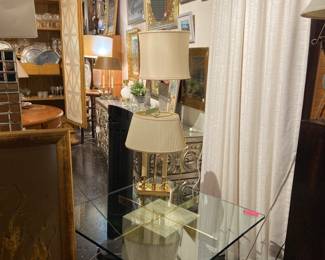 Italian glass side table, table lamps, desk lamps