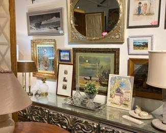 Hollywood Regency Dresser, French style wood table, artwork, side lamps