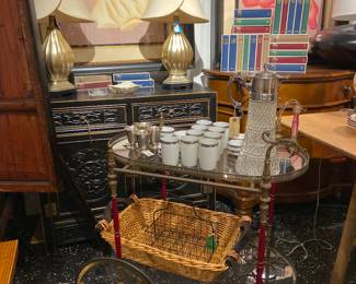 Barcart, Thommy Bahamas style dresser, books, Lithographs, Asian style cabinet