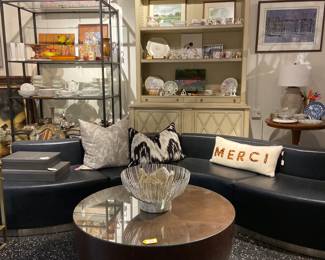 Roche-Bobois Hutch, solid round coffee table, faux leather sectional sofa
