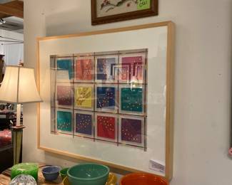 cabinet, serving dishes, original artwork, tabe lamp