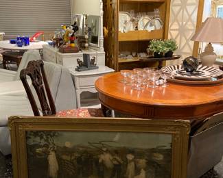 French style dining table, vintage prints, armoire