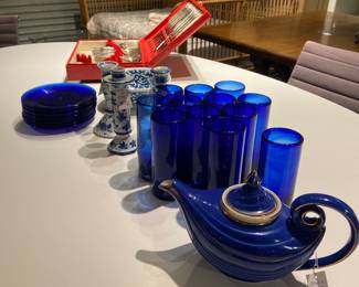 Cobalt blue glasses, silverware