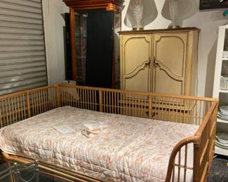 Rattan day bed, armoire, curio