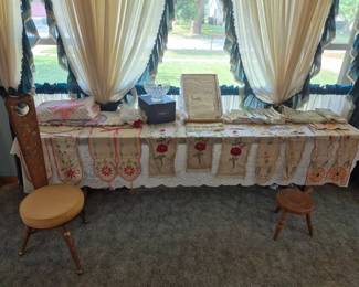 Vintage linens, including Chenille. Waterford bowl.
