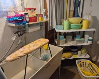 Vintage tupperware and small ironing board.
