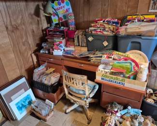 Party supplies, great old office chair and desk.
