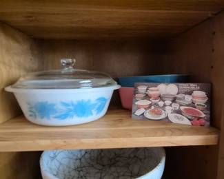 Glasbake Blue Thistle and Hazel Atlas Midnight Magic Spaghetti Drizzle 10" bowl with stand.