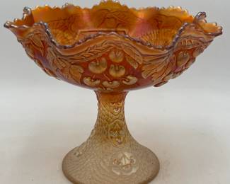 Fenton "Mikado" Marigold Carnival Compote with Cherry Pattern on Exterior