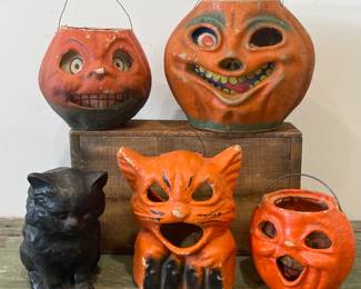 Collection of Halloween papier-mâché Jack O Lanterns and Cats