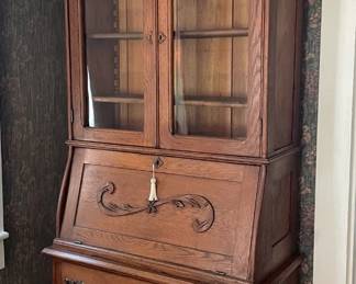 Oak 2 Section Drop Front Secretary Bookcase 
