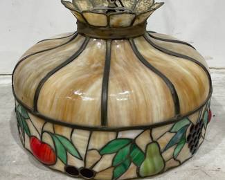 Tiffany Style Art Glass Hanging Lamp, Domed Carmel Slag with Fruit & Leaf Motif
