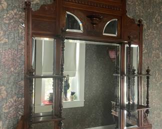 Beautiful Walnut Mantle Mirror with Etagere Shelves