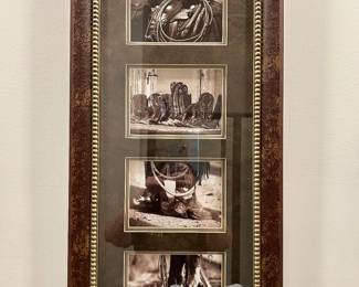 Framed Western Photo Collage – Cowboy Life
Tall framed collage featuring four sepia-toned photographs that capture the essence of cowboy life: a coiled rope on a saddle, a row of boots, a close-up of spurs, and stirrups at rest. Set in a rustic wood frame with beaded inner trim, this piece makes a striking wall accent for western or lodge décor.

Condition: Excellent, with clear images and sturdy frame, ready to hang.

Dimensions: Approx. 12” W x 28” H
