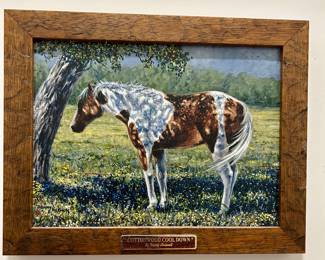Framed Horse Print – “Cottonwood Cool Down” by Donny Hickmont
Beautifully framed print titled “Cottonwood Cool Down” by artist Donny Hickmont. The artwork depicts a striking paint horse resting under a tree, with vibrant meadow colors and lifelike detail. Framed in a rustic oak-style frame with a brass title plaque.

A must-have for equestrian lovers or anyone curating a western or lodge-inspired collection.

Condition: Excellent, ready to hang.

Dimensions: Approx. 20” W x 16” H