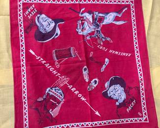 Vintage 1949 Nabisco Straight Arrow Premium Bandana — issued as a Shredded Wheat mail-in prize during the Straight Arrow radio show craze. Features Western characters (Steve Adams, Packy, Kanuwah Fury, and Straight Arrow) in bold red and white graphics. Marked © 1949 National Biscuit Co. Highly collectible crossover piece of cereal premium, advertising, and Western pop culture history.
