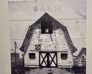 Rustic Barn Wall Art on Wood Slats
Charming black-and-white barn artwork printed on wood slats with the word “BARN” subtly stenciled above. The distressed finish and farmhouse style make this an ideal wall accent for rustic, country, or lodge décor.

Condition: Excellent, ready to hang.

Dimensions: Approx. 18” W x 18” H
