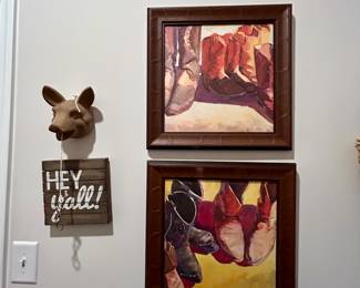 Pair of Framed Western Boot Prints + Rustic Wall Accents
Set of two colorful framed prints depicting classic western boots in warm, vibrant tones. Each is framed in a textured wood frame that complements the rustic lodge style.

Also included in this grouping is a small wooden “Hey Y’all!” wall sign and a whimsical animal-head wall hook — perfect for a mudroom or western-inspired entryway.

Condition: Excellent, ready to hang.

Dimensions:
	•	Boot prints: approx. 16” W x 16” H each
	•	Sign: approx. 8” W x 10” H
	•	Wall hook: approx. 6” W
