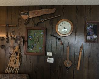 Western Memorabilia, Keys and Display Box, Gun, Clock