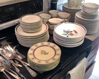 China Plates, Soup Bowls, Sugar Bowl, knife, fork, spoon