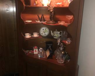 Corner Cabinet, Assorted Antiques, Miner's Oil Lamp