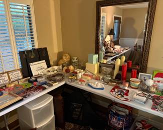 Large mirror, home decor, and Christmas items
