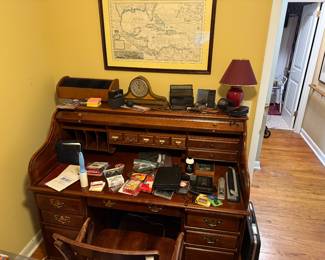 Nice roll top desk with chair and miscellaneous office items