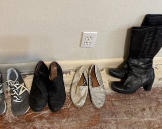 Women's New Balance ultralight running shoes (worn a few times), suede booties, sparkly silver Tom's, calf-high Clarks boots with button detail.