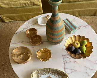 Marble top coffee table with Italian ceramics. 