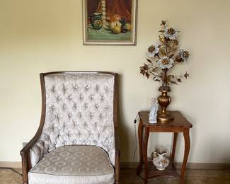 Tufted chair, cool flower lamp, original artwork