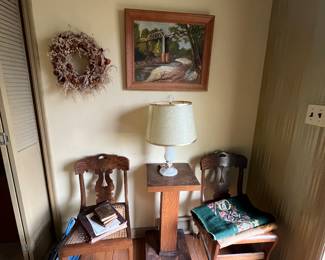 Antique chairs, oak plant stand, antique lamp, original art