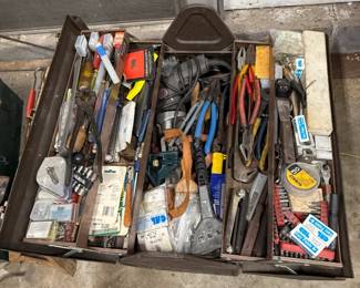 Hand tools in metal chest