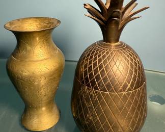 Solid brass vase and pineapple covered bowl