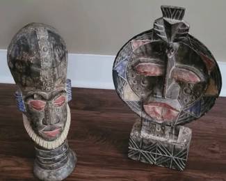 2 African Sculpture Bust Hans carved painted wood. 19" and 20". They symbolizes the force of tradition