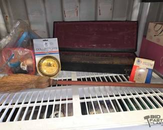 7557  Bag of Toys,Dietzgen Clearcite Set, Collectors Car Badge, LCD Quarts Lucite Clock  Small Broom 