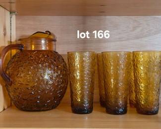 Vintage amber glass pitcher and glasses