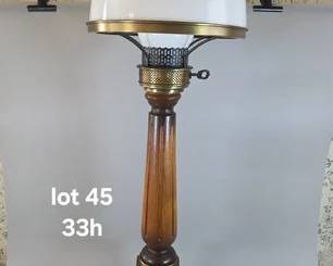 Vintage torch style lamp, glass globe and chimney with wood base