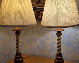 Pair of vintage wood twist base lamps