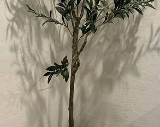 Faux Olive Tree, Small Table, Metal Basket