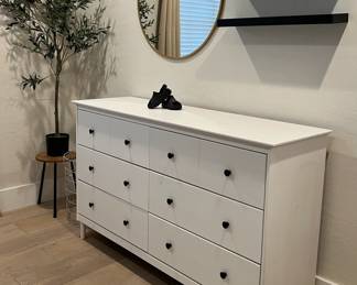 IKEA Dresser, Faux Olive Tree, Round Brushed Gold Framed Mirror, Metal Basket