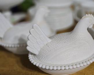Milk Glass hens on a nest 