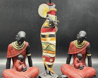 (3) African Tribal Woman Sculptures, 2 w/ Child