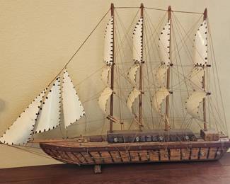 Large Scale Sailing Ship Model, Wood w/ Tin Sails