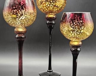 Stairstep Purple & Gold Splatter Candle Holders