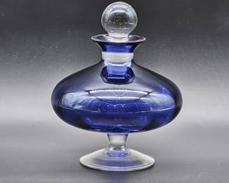 Cobalt Blue Crackle Glass Footed Bottle w/ Stopper