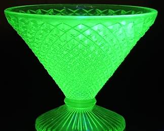 Vtg. Vaseline Glass Footed Bowl w/ Diamond Pattern